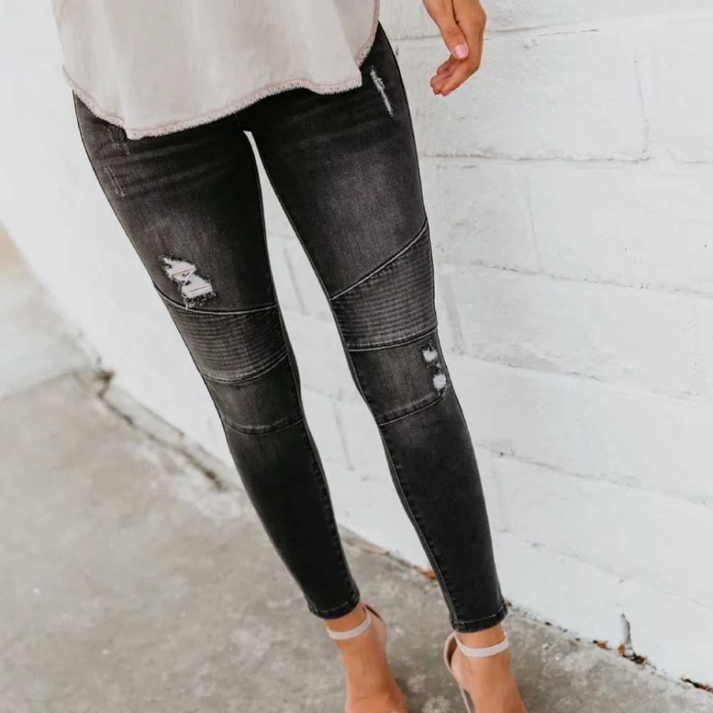 Black Ripped Moto Skinny Jeans – Frayed Hem, Stretch Fit, All Season